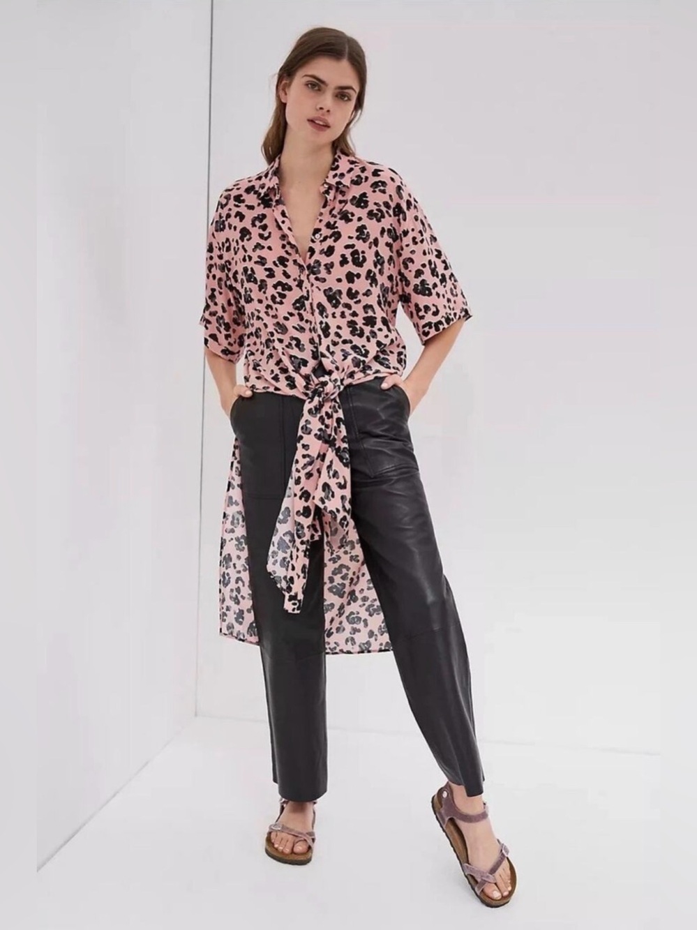 Anthro Maeve Pink Leopard Print Kimono Duster Cardigan Cover Up Size M